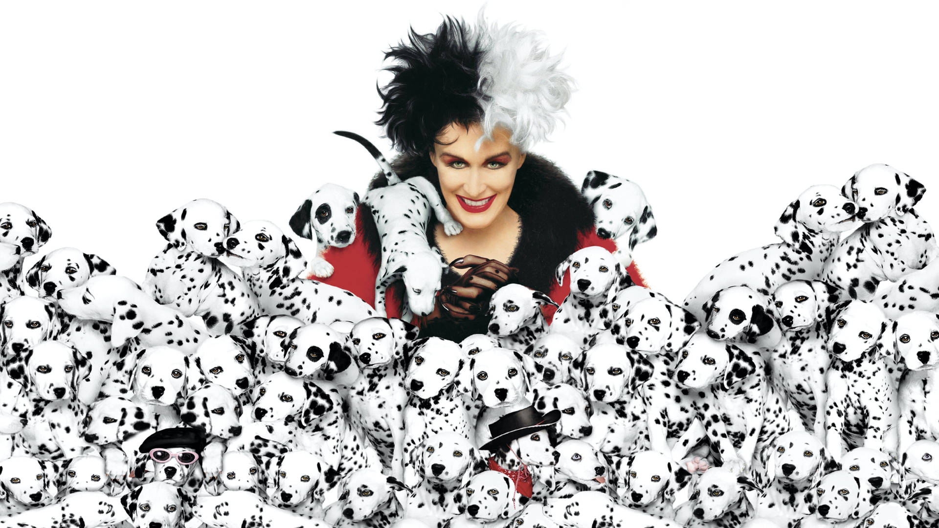 101 Dalmatians Cruella Surrounded By Puppies Background