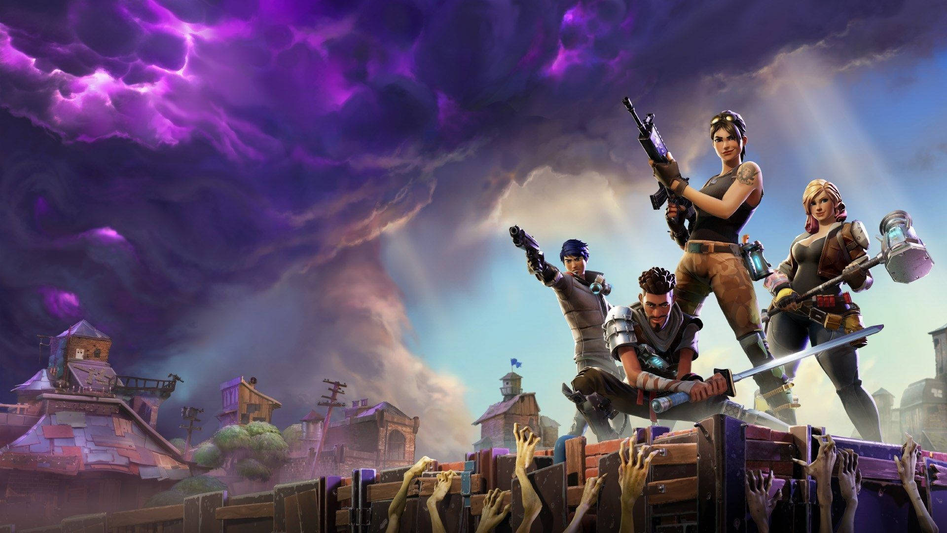 1080 Fortnite Characters Zombies Purple Clouds Wallpaper