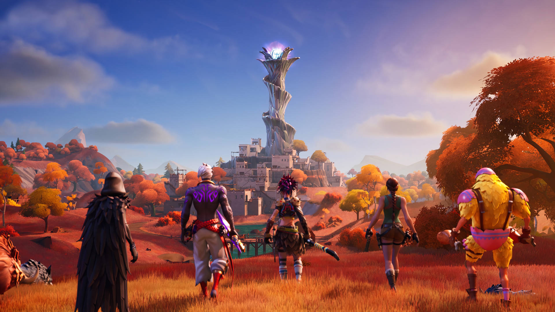 1080 Fortnite Characters Walking To Tower Wallpaper
