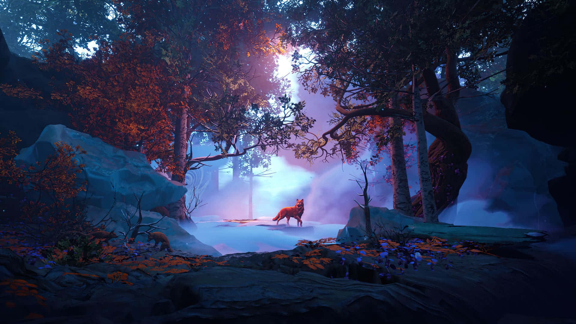 A Wolf Is Walking Through A Forest With A Glowing Light Wallpaper