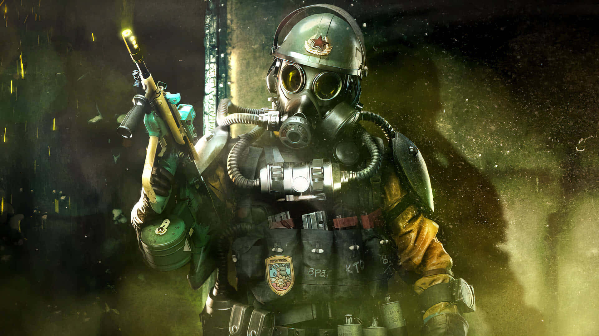 a soldier in a gas mask holding a gun