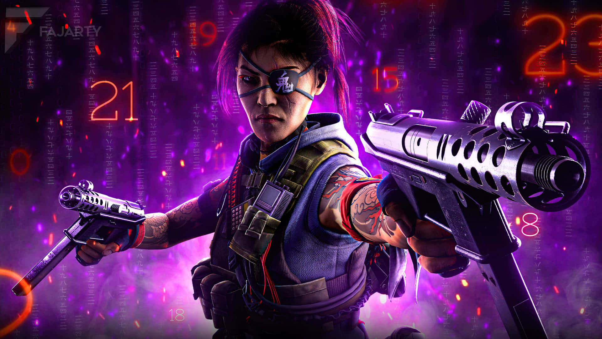 a woman holding a gun in front of a purple background