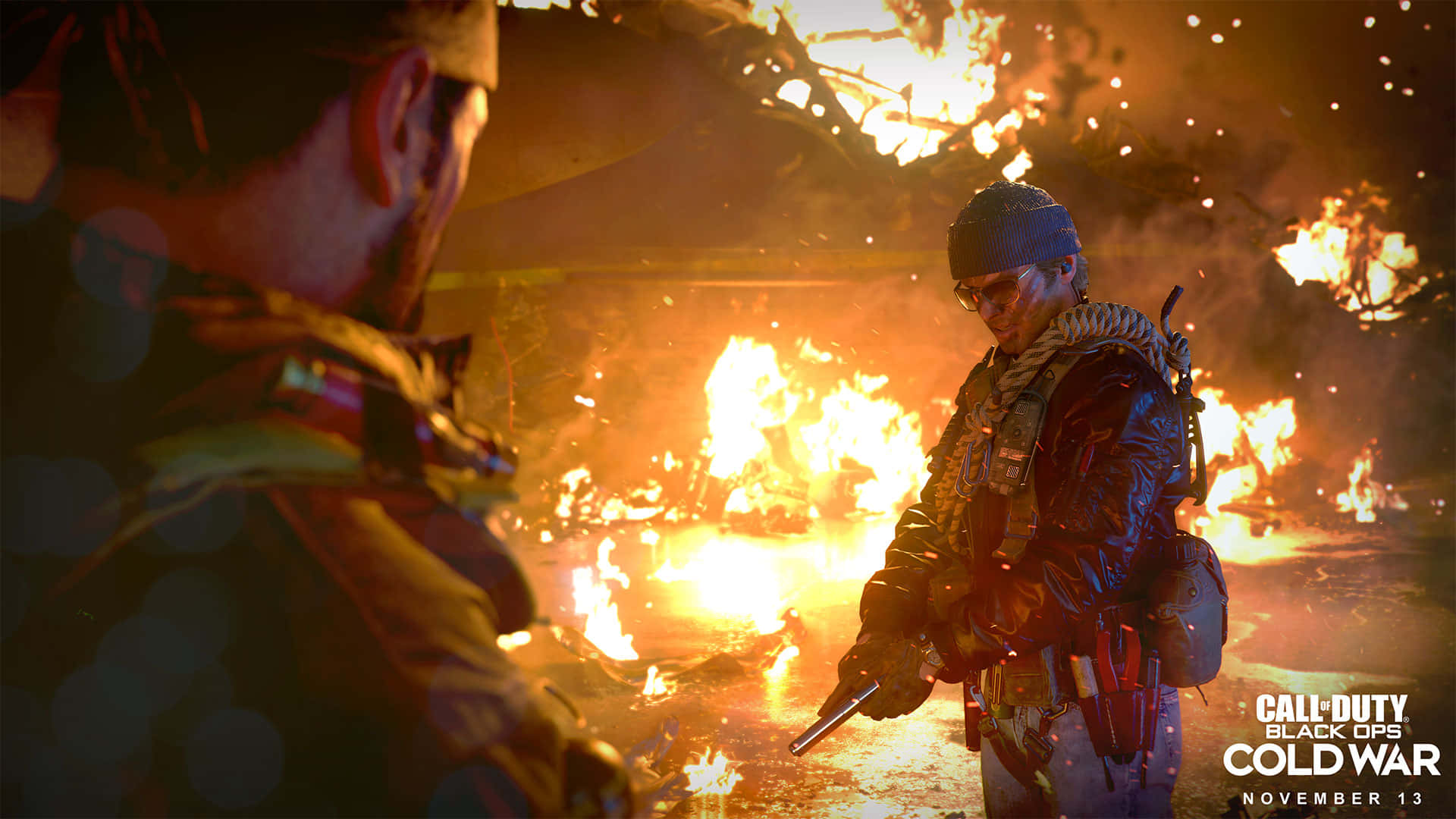 the division 2 screenshot with two soldiers standing in front of fire