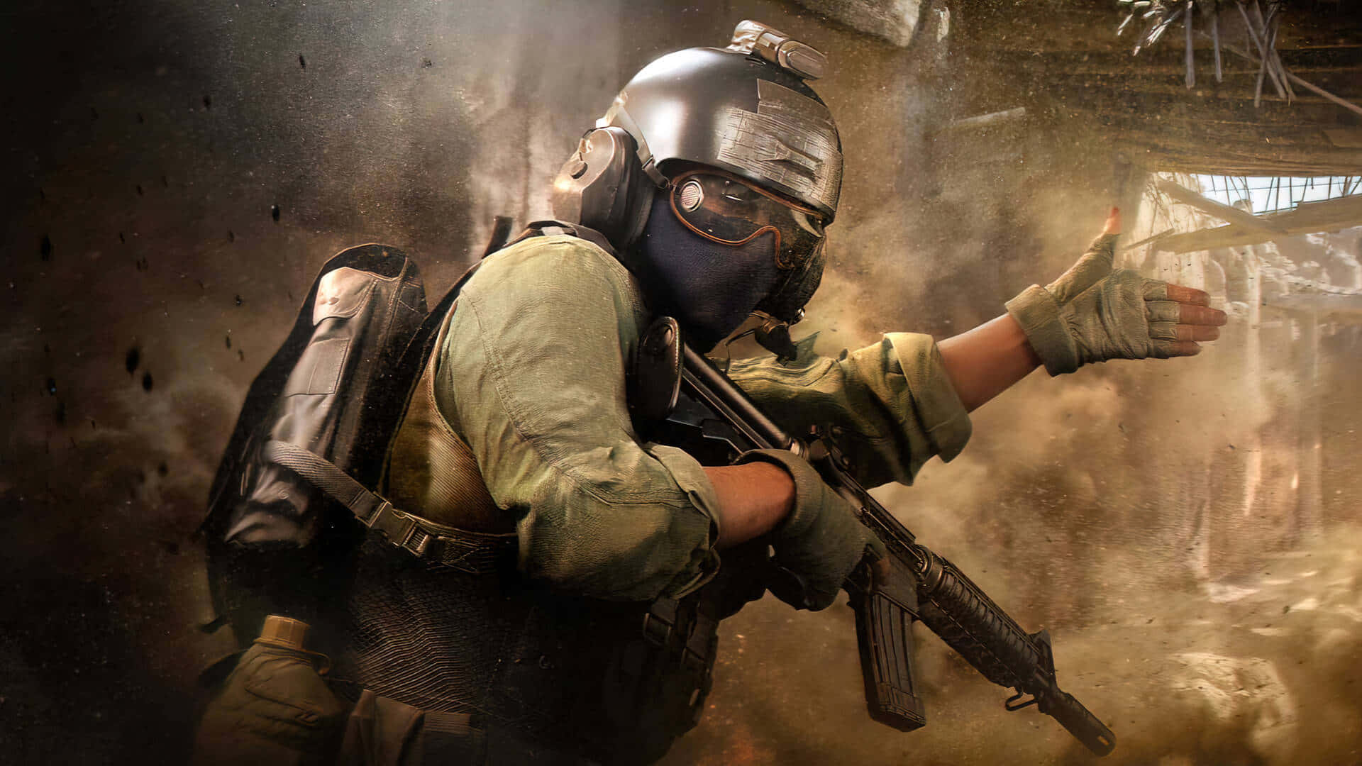 a soldier is holding a gun in a dusty environment