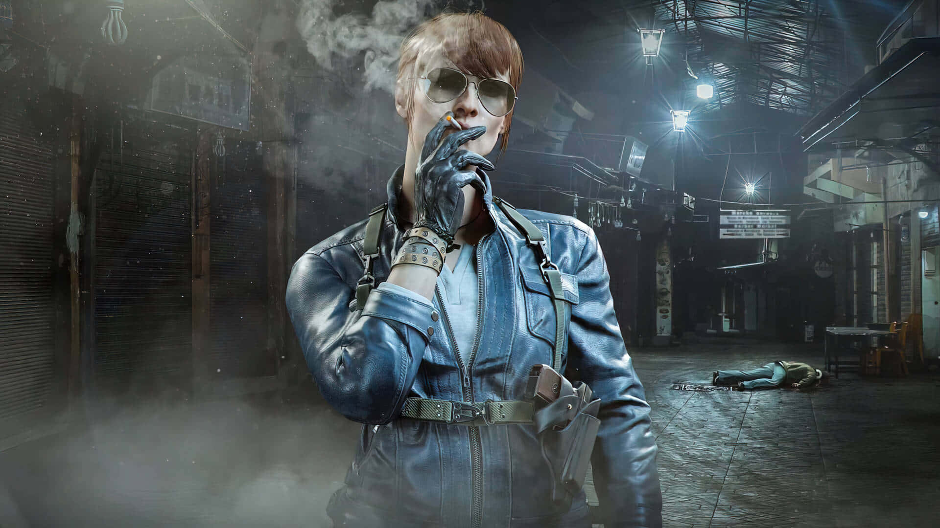 a woman in a leather jacket smoking in an alley