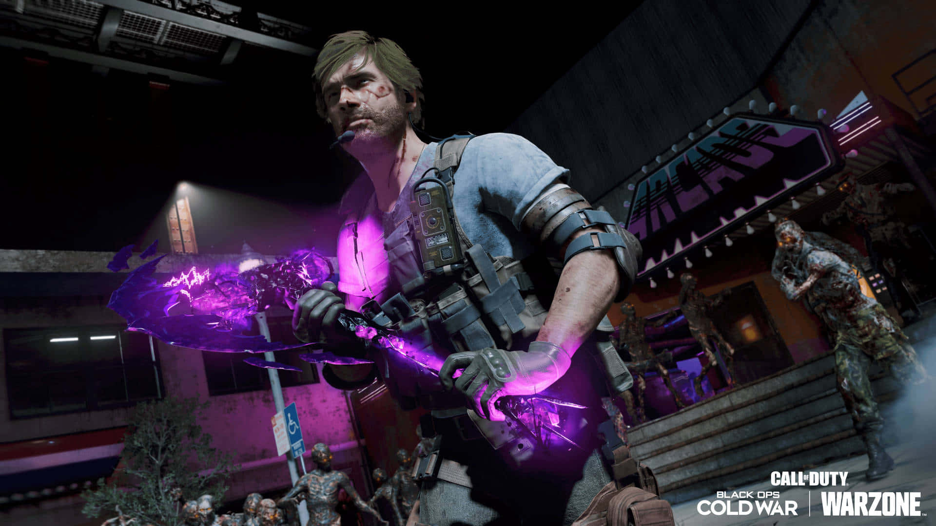 a man holding a purple weapon in front of a building