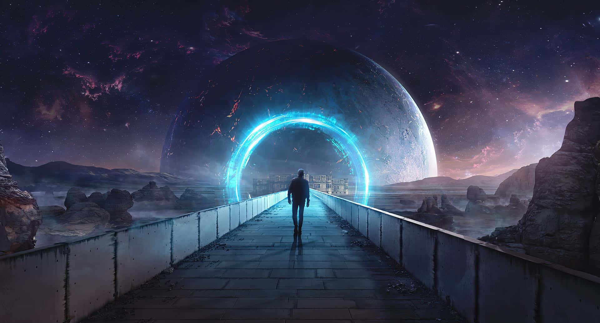 A Man Is Walking Through A Tunnel In Space