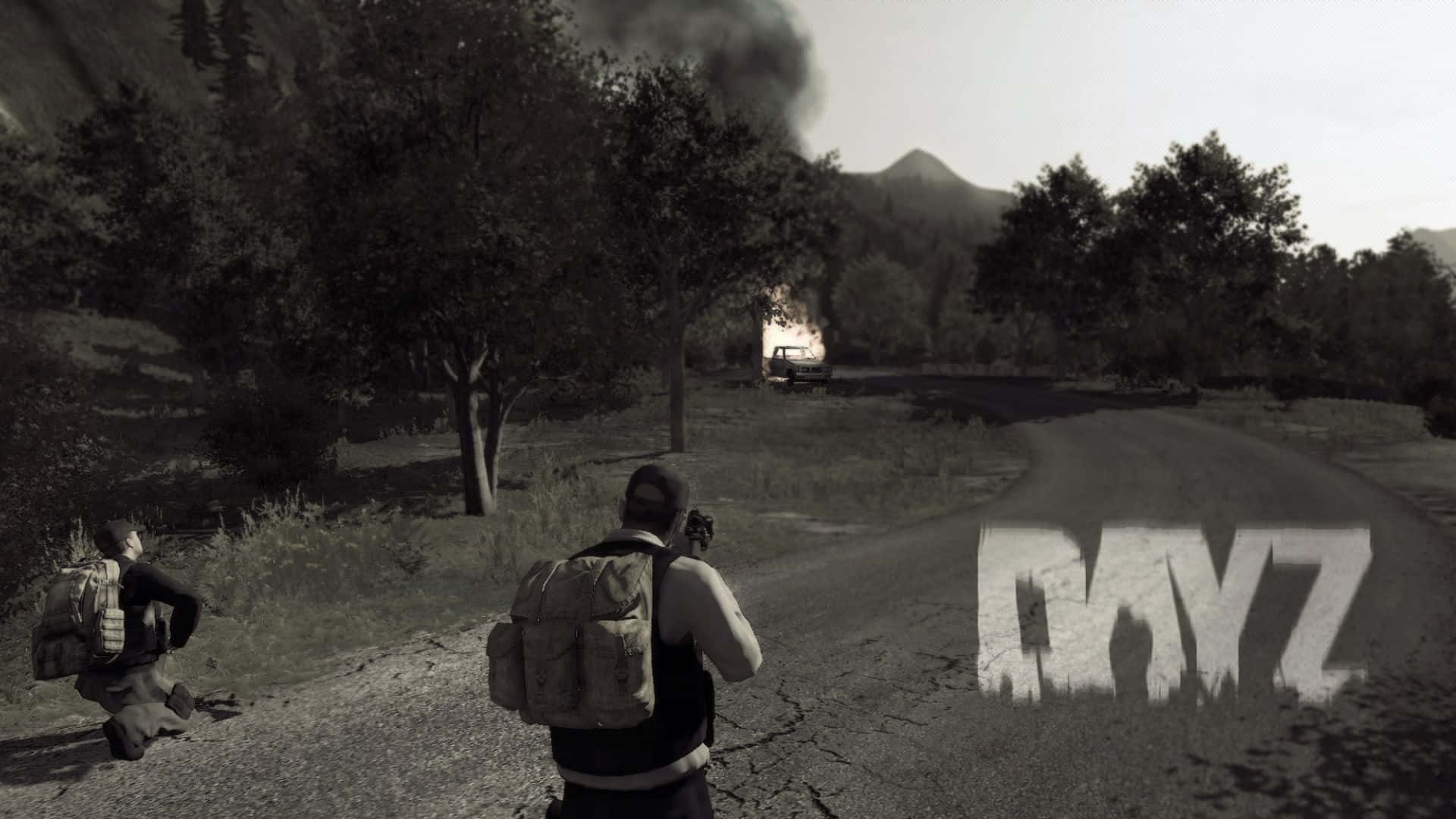 1080p Dayz Background People Looking At A Burning Structure