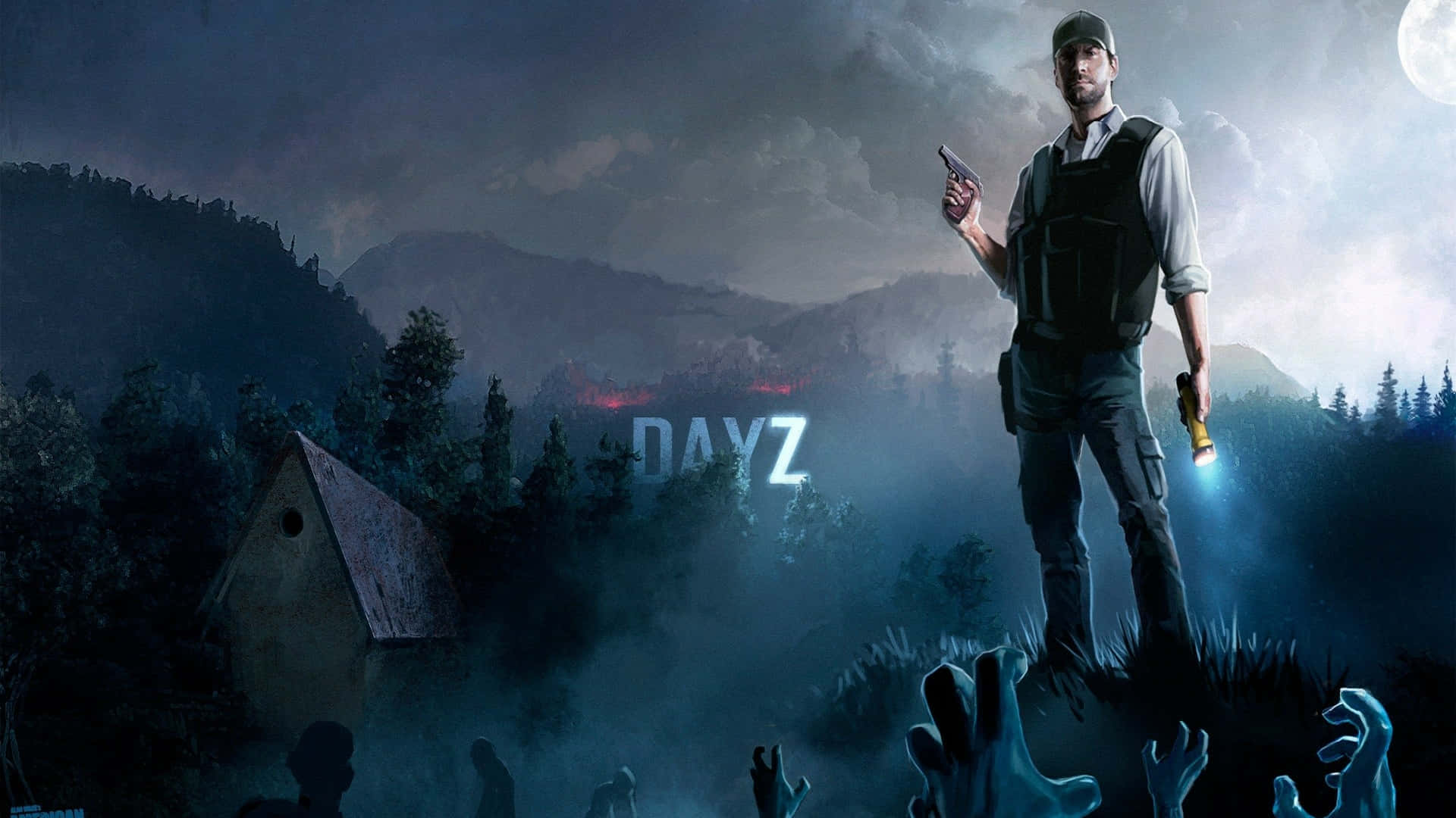1080p Dayz Background Man Standing On Top Below Zombies