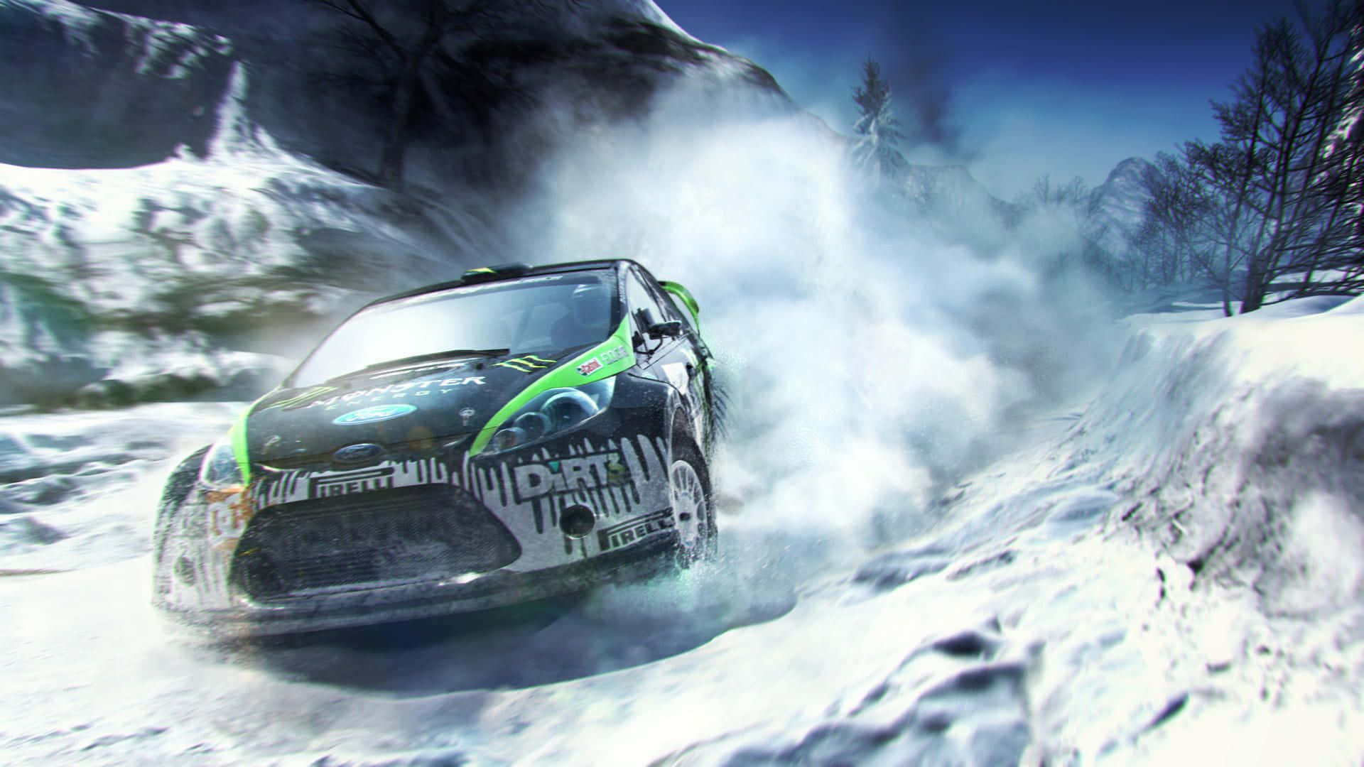 A Green And Black Rally Car Driving Through Snow