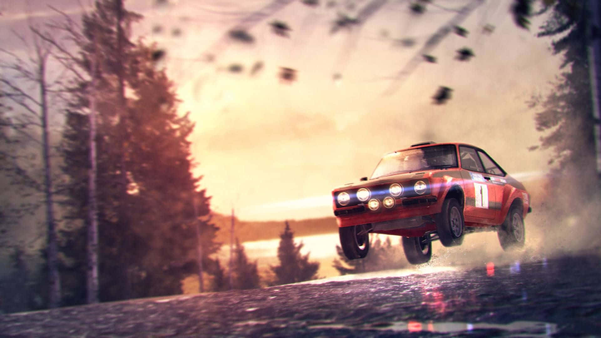 A Red Car Driving Through A Forest