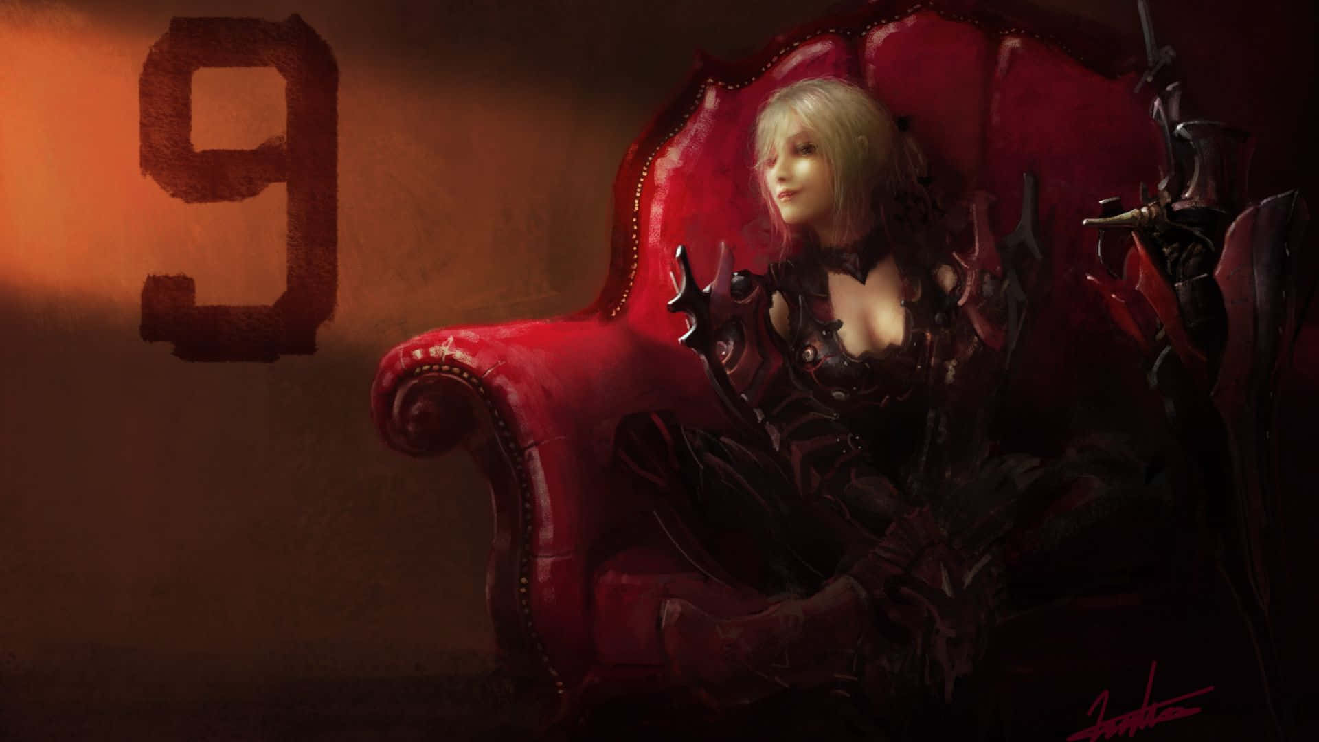 A Woman Sitting On A Red Chair With A Sword