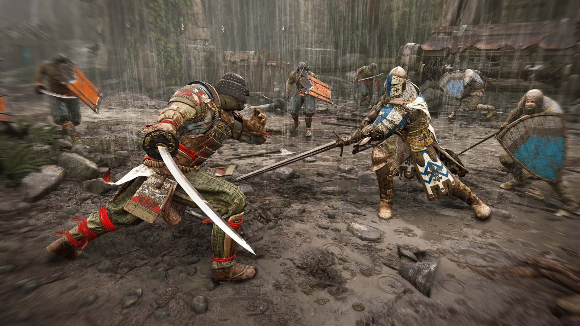 1080pbakgrundsbild För For Honor - Samuraj Mot En Riddare.