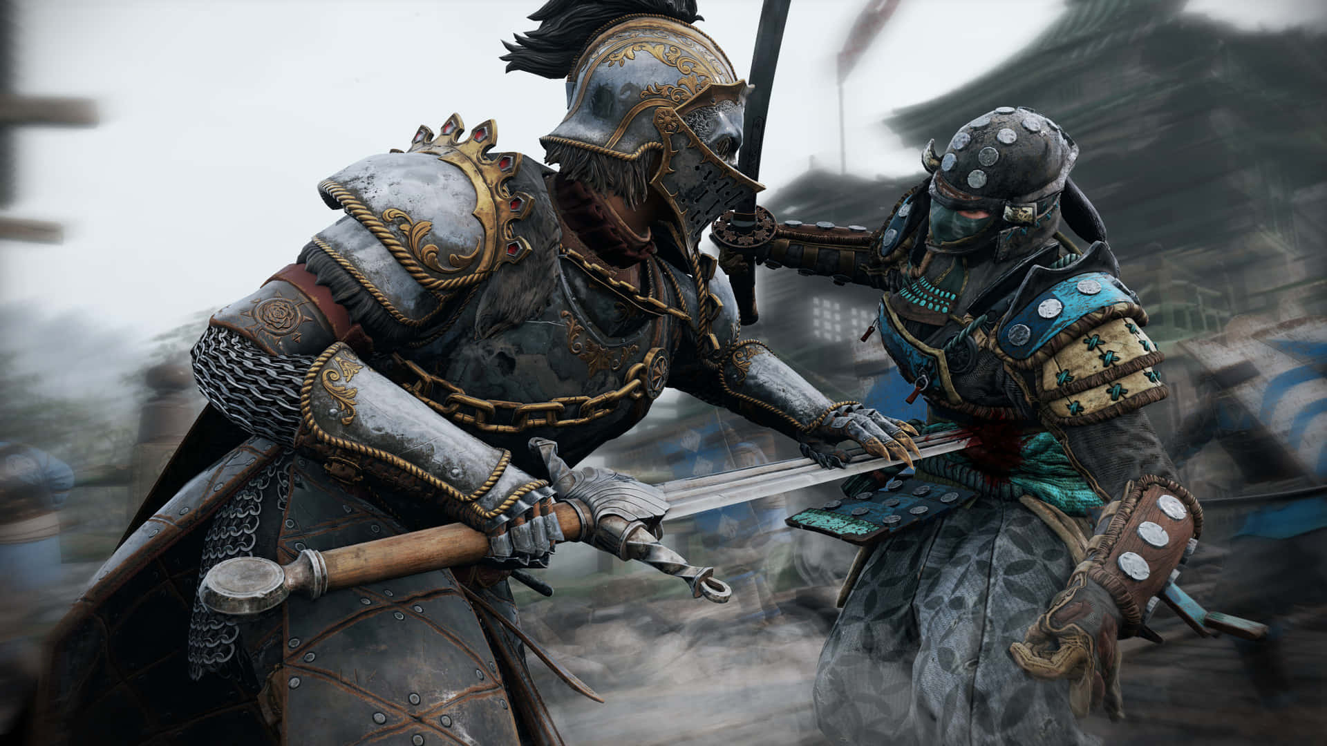 1080pbakgrundsbild För For Honor, Där En Riddare Kämpar Mot En Samuraj.