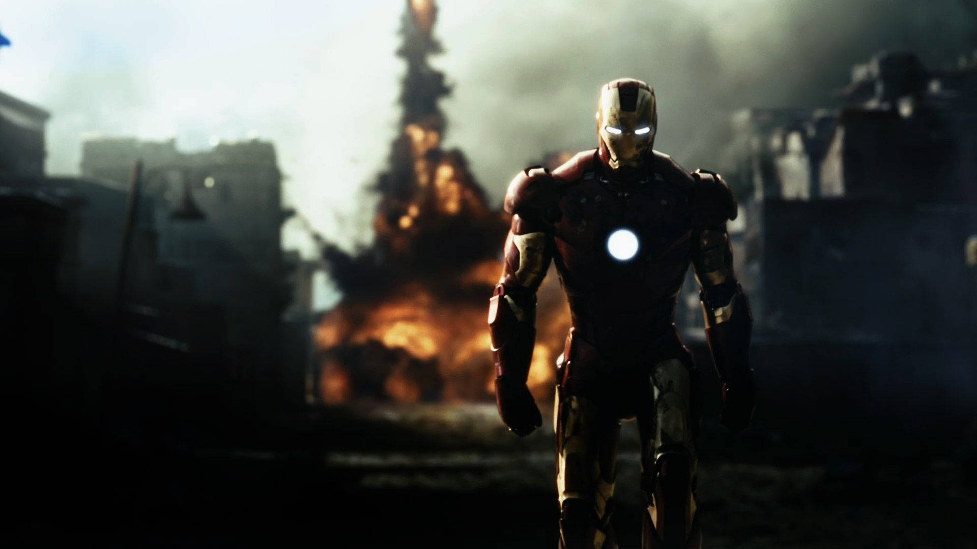 1080p Hd Iron Man Che Si Allontana Dall'esplosione Sfondo