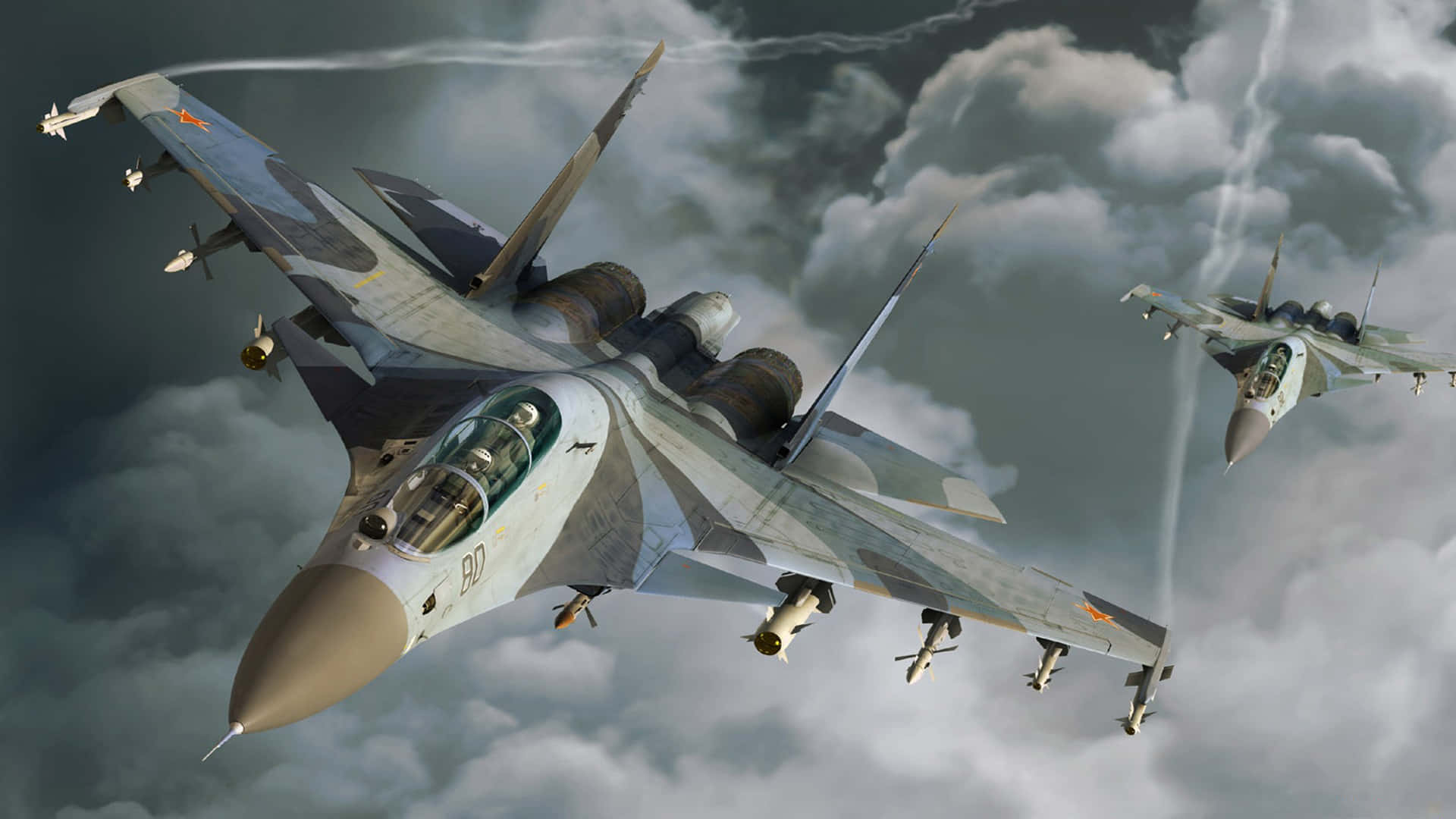 Fondode Pantalla De Aviones Jumbo Su-27 Sukhoi En Resolución 1080p Sobre Un Fondo De Nubes.