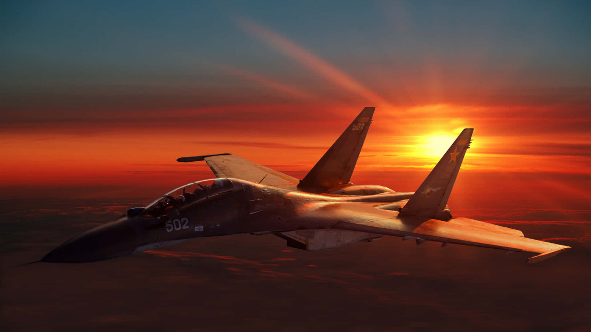 1080pjumbo Jets Sukhoi Su-30mki Solnedgångsbakgrund.