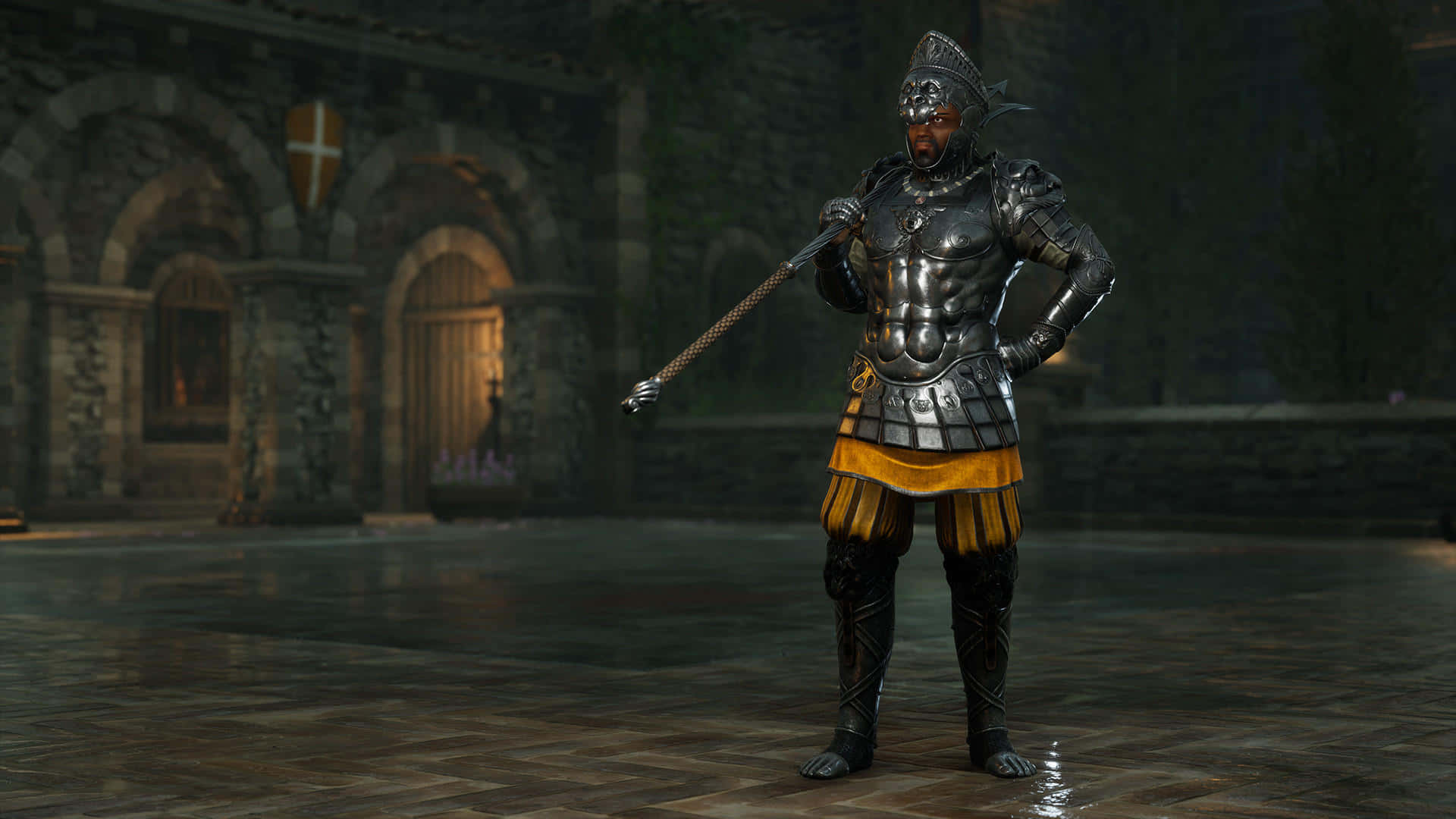 A Knight In Armor Standing In A Hallway