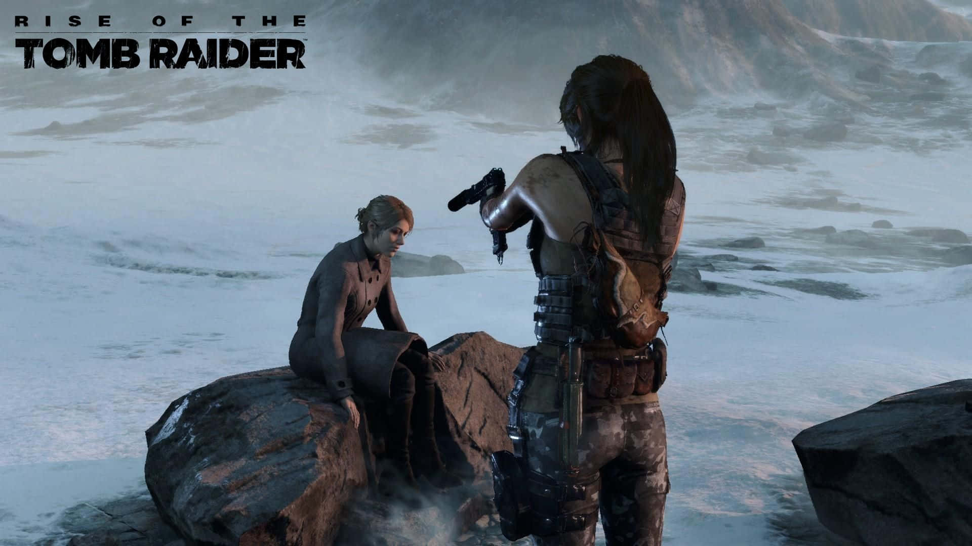 1080pbakgrundsbild Med Rise Of The Tomb Raider Och Lara Croft Som Pekar Med Pistolen.
