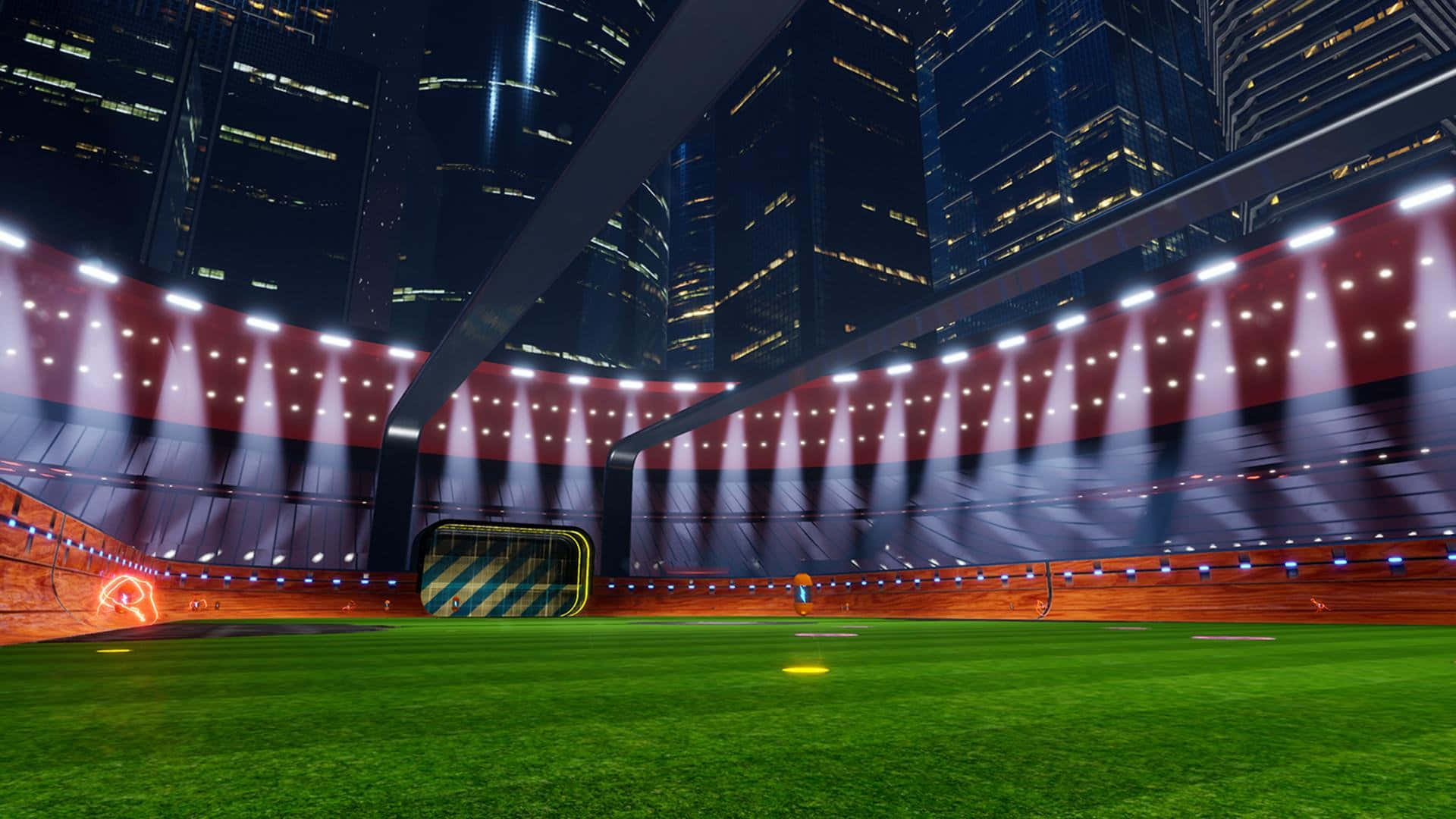 A Soccer Field With Lights And A Stadium