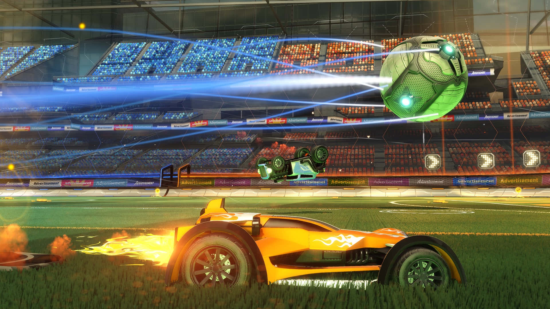 Image  Rocket League players launch their vehicles in an intense matchup