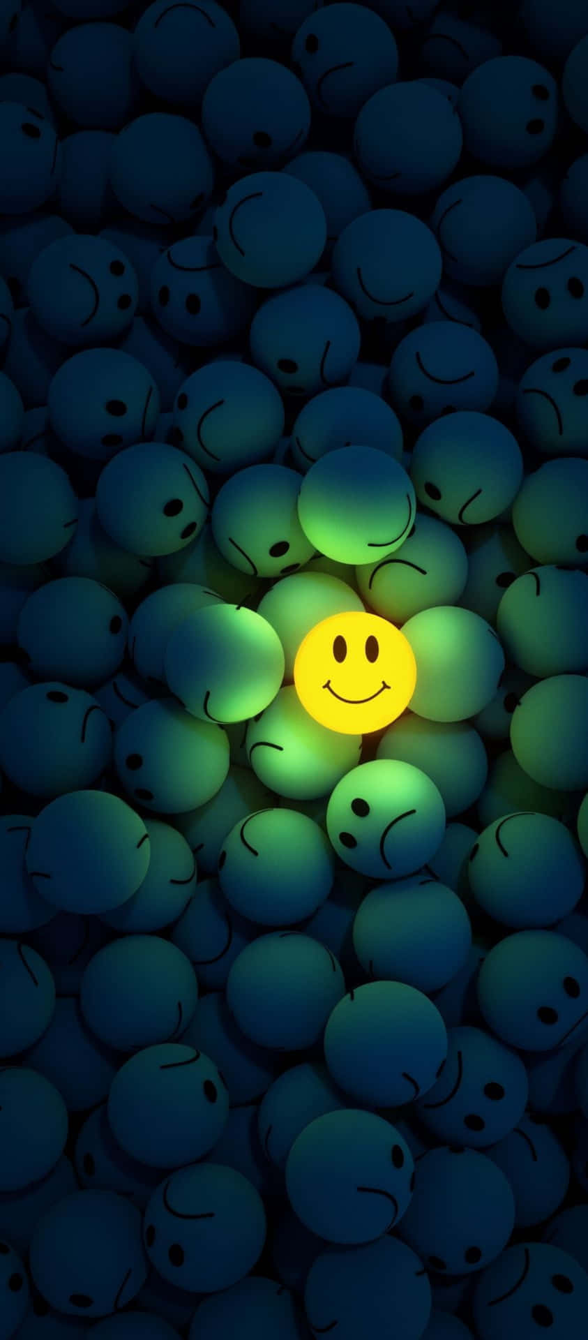 A Yellow Smiley Face In The Middle Of A Group Of Blue Balls Wallpaper