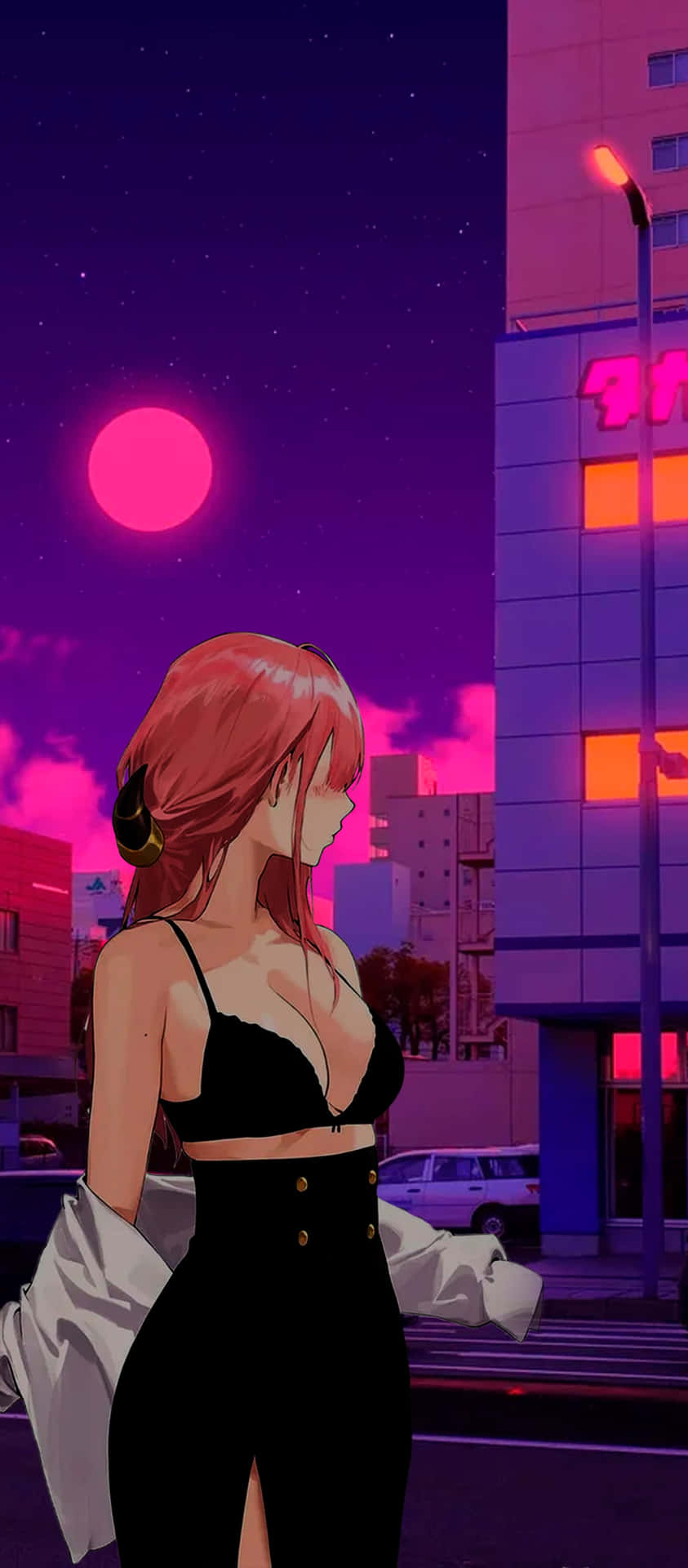 A Girl In A Black Dress Standing In Front Of A City Wallpaper