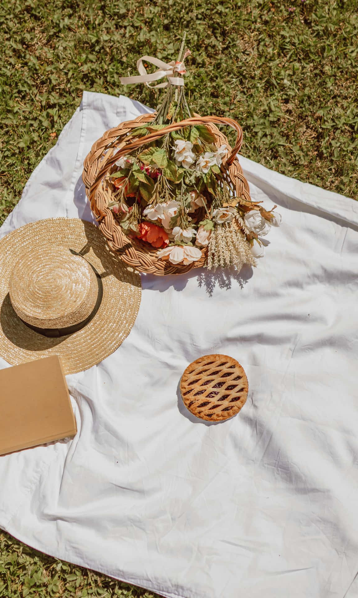 Picnic Basket With A Hat, Basket, And A Book Wallpaper