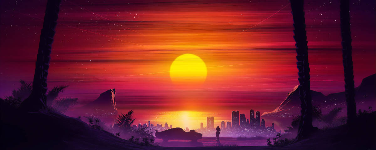 1200x480 Sunset Sky Over Purple City Wallpaper