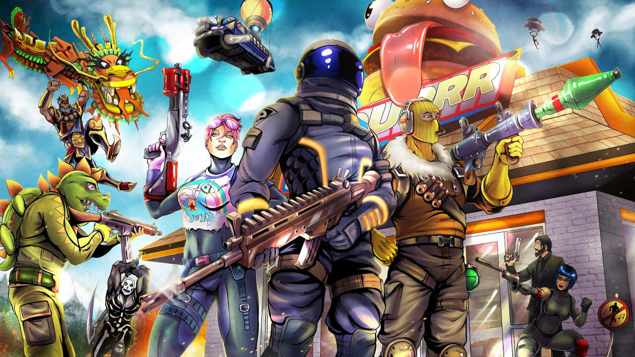En gruppe mennesker i et spil med pistoler og et byskue. Wallpaper