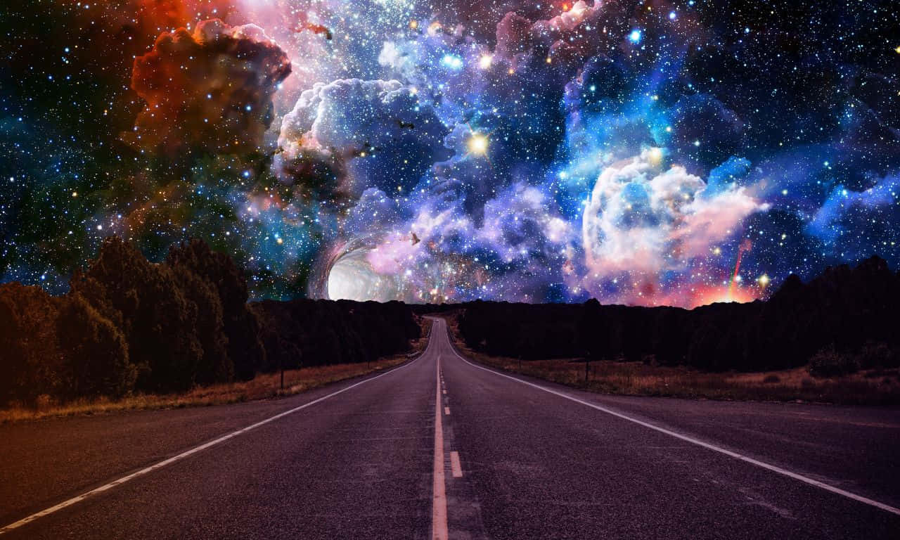 A Road With Stars And Nebulas In The Background Wallpaper