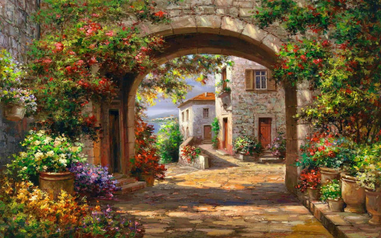 A Painting Of An Archway With Flowers Wallpaper