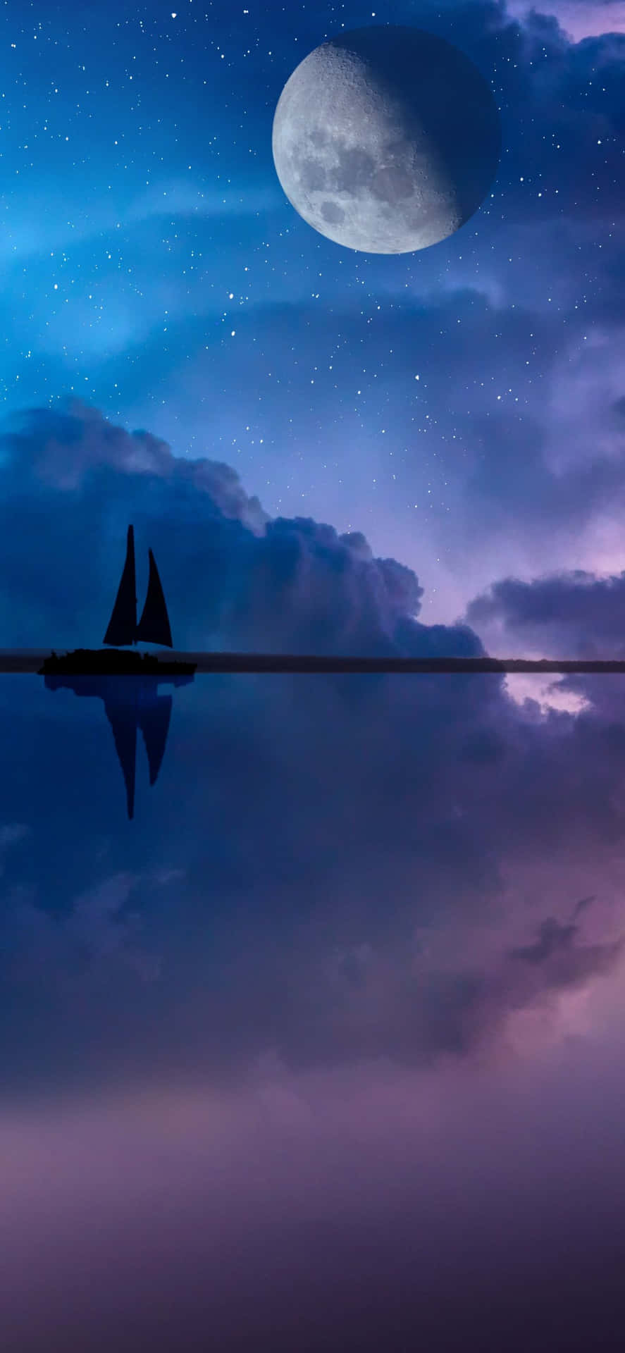A Boat Is Reflected In The Water With The Moon And Stars Wallpaper