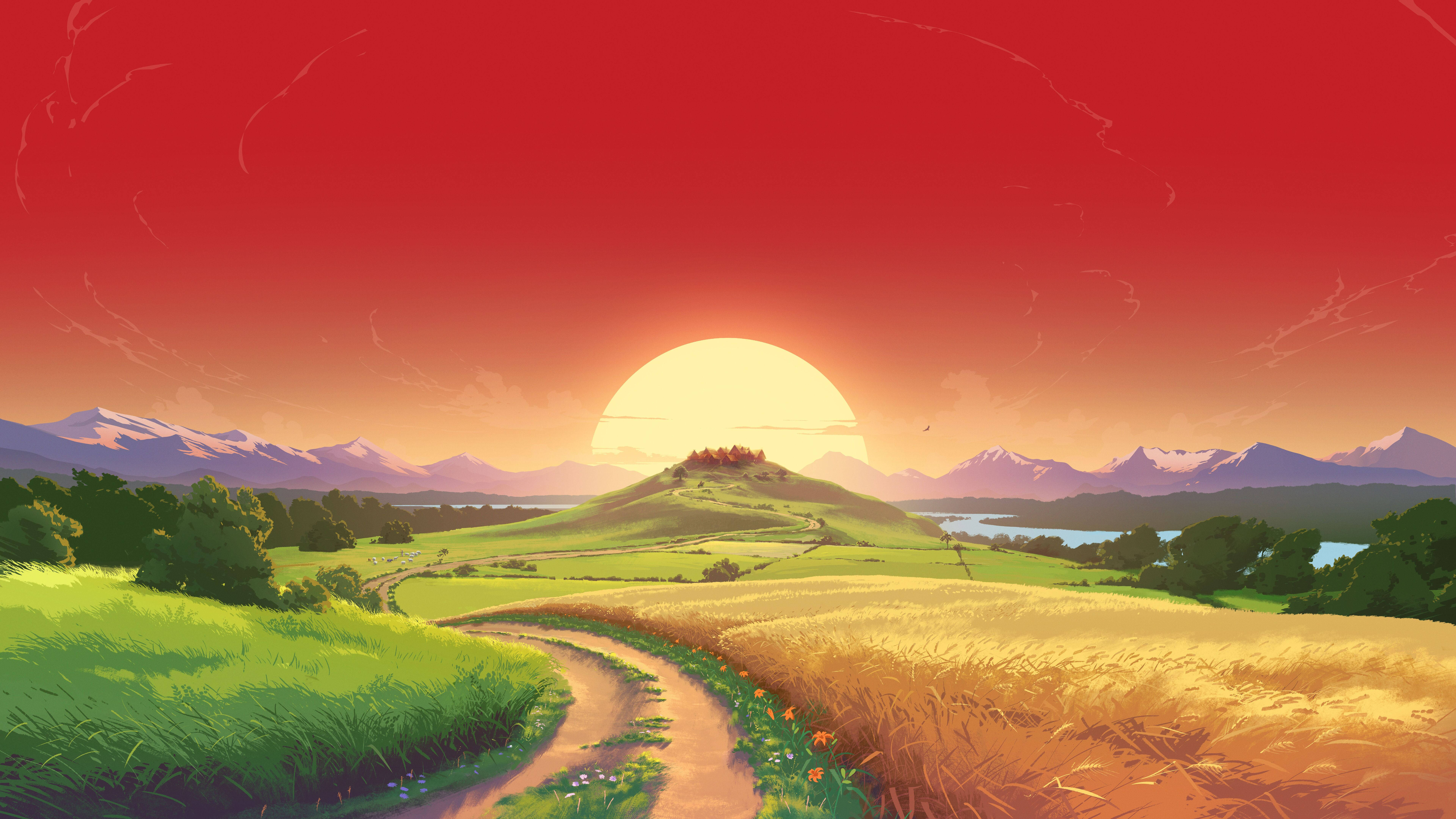 12k Field And Sunset Wallpaper