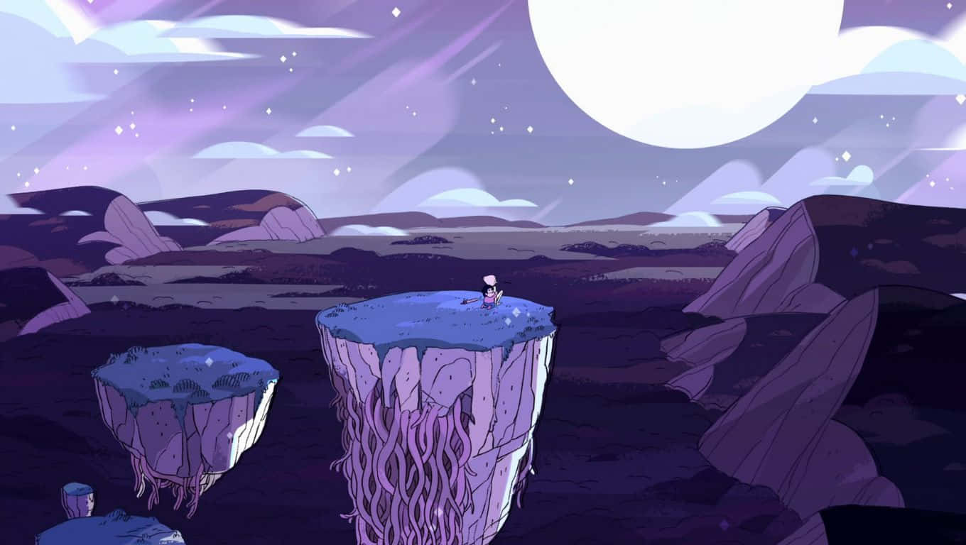 A Cartoon Of A Mountain With A Moon And Some Rocks Wallpaper