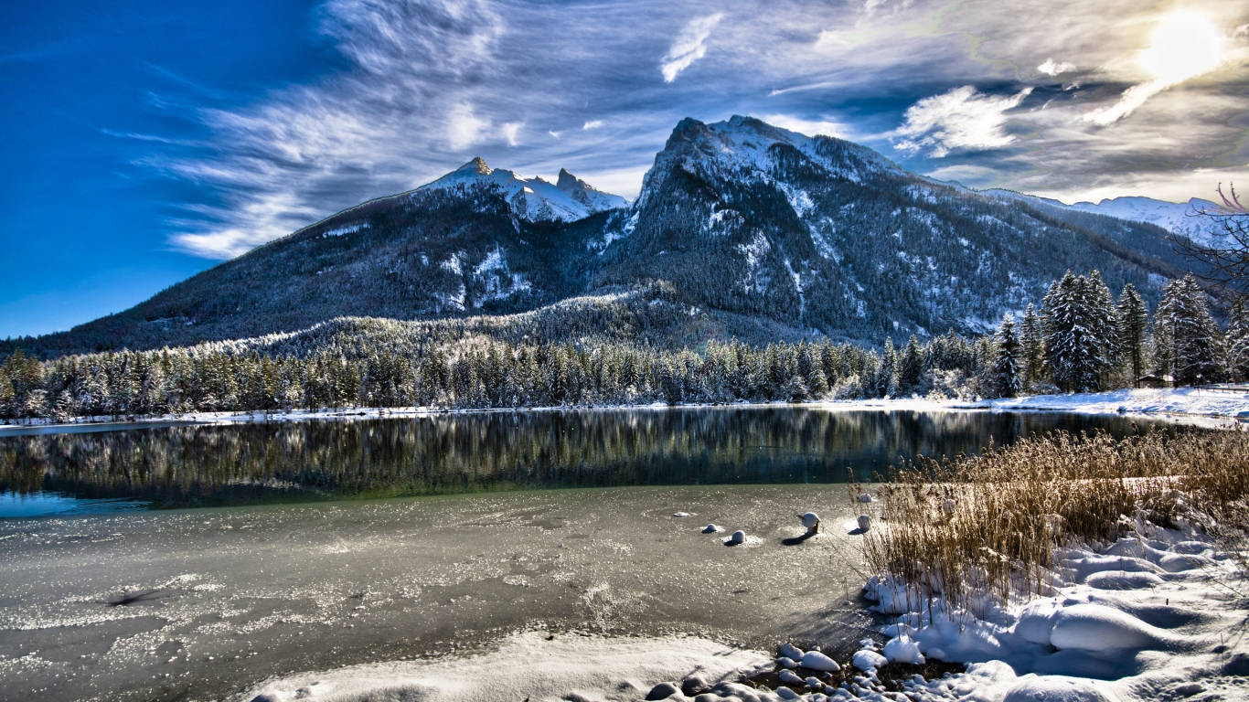 1366 X 768 Winter Mountain By Lake Wallpaper