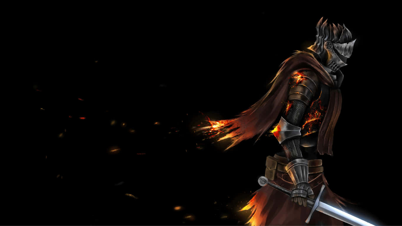 a dark knight with a sword and flames
