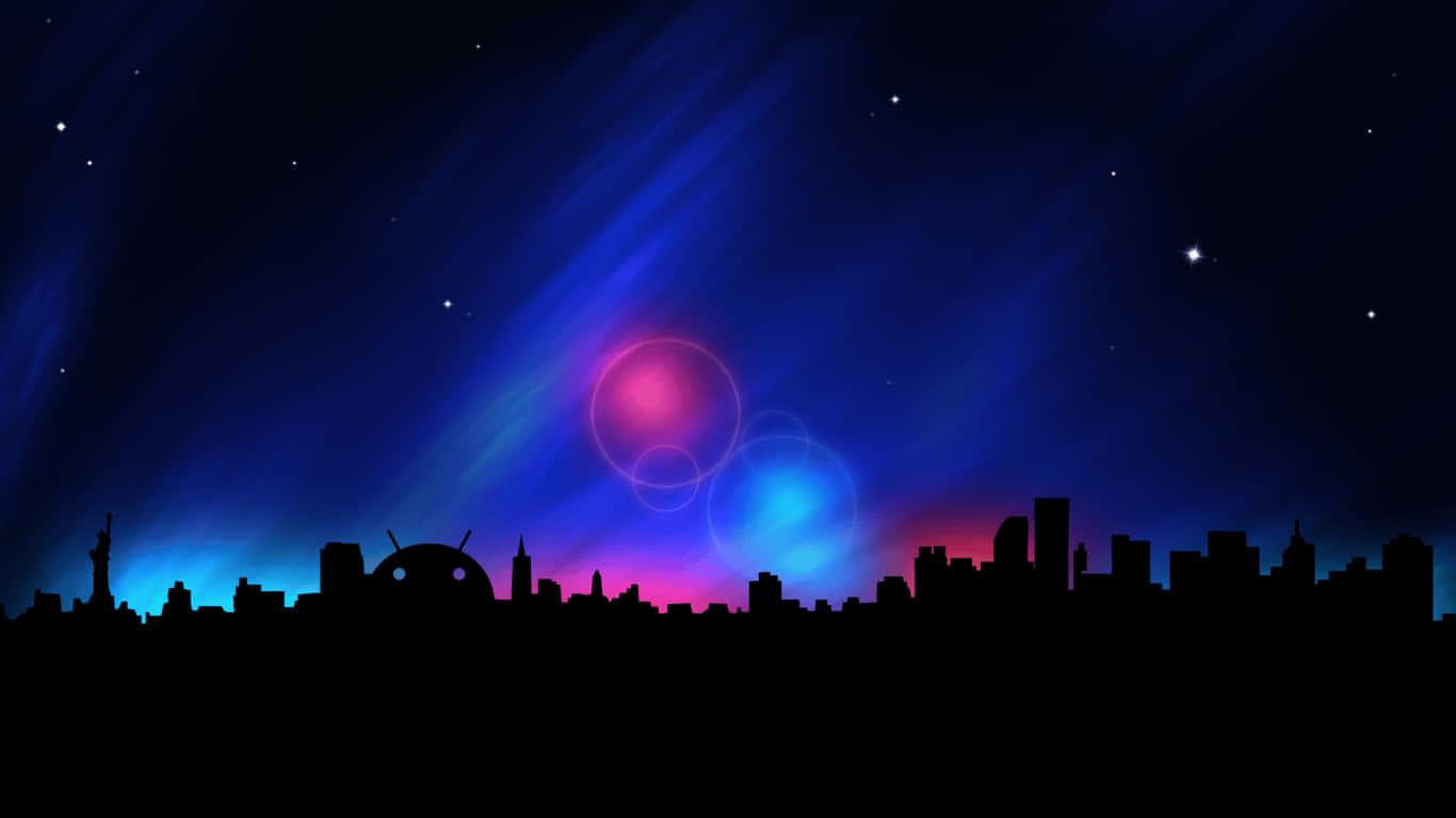 a city skyline with colorful lights and stars