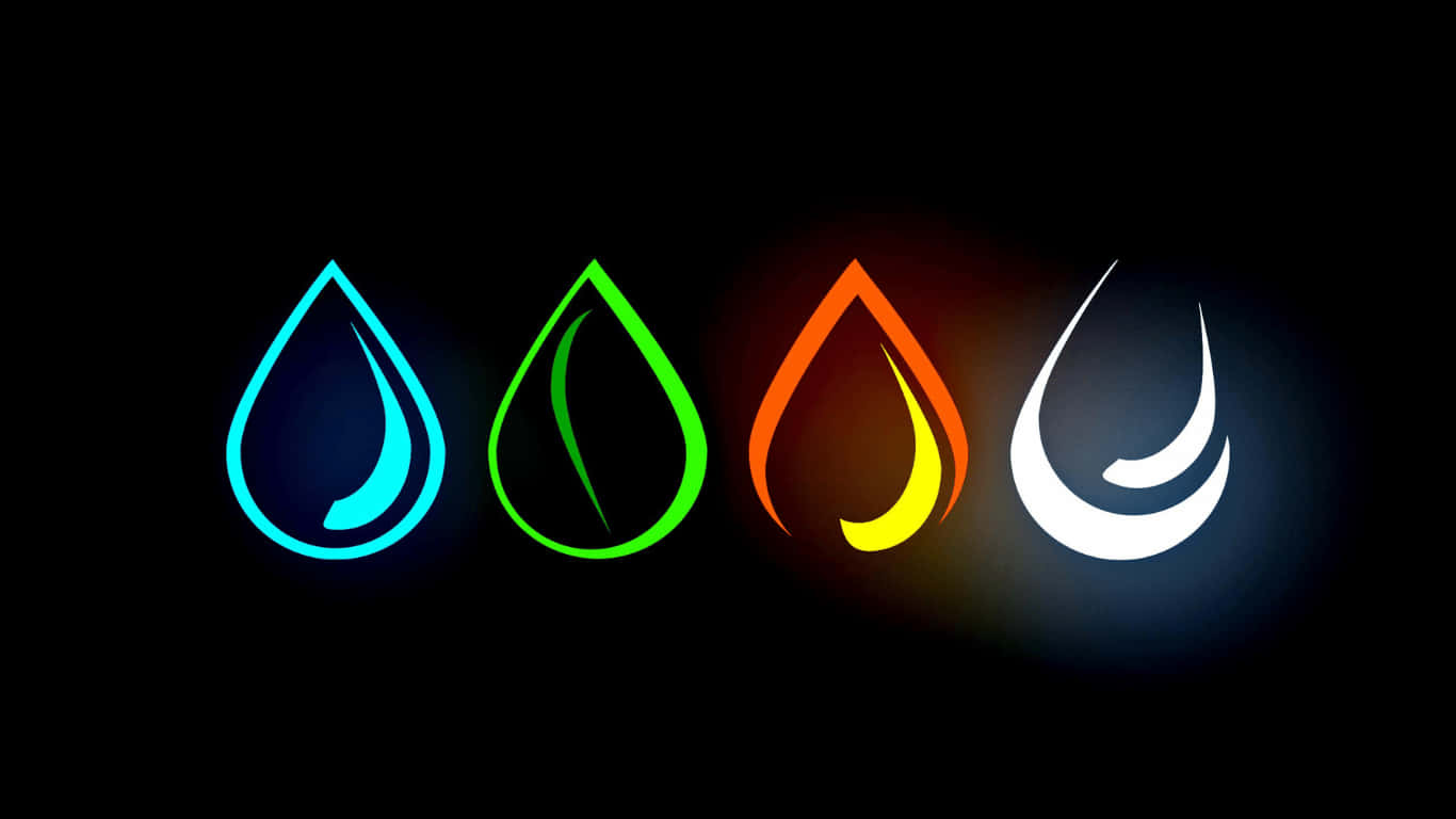 four colorful water drops on a black background
