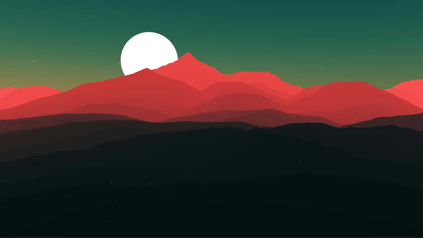 A Red And Green Mountain Landscape With A Moon