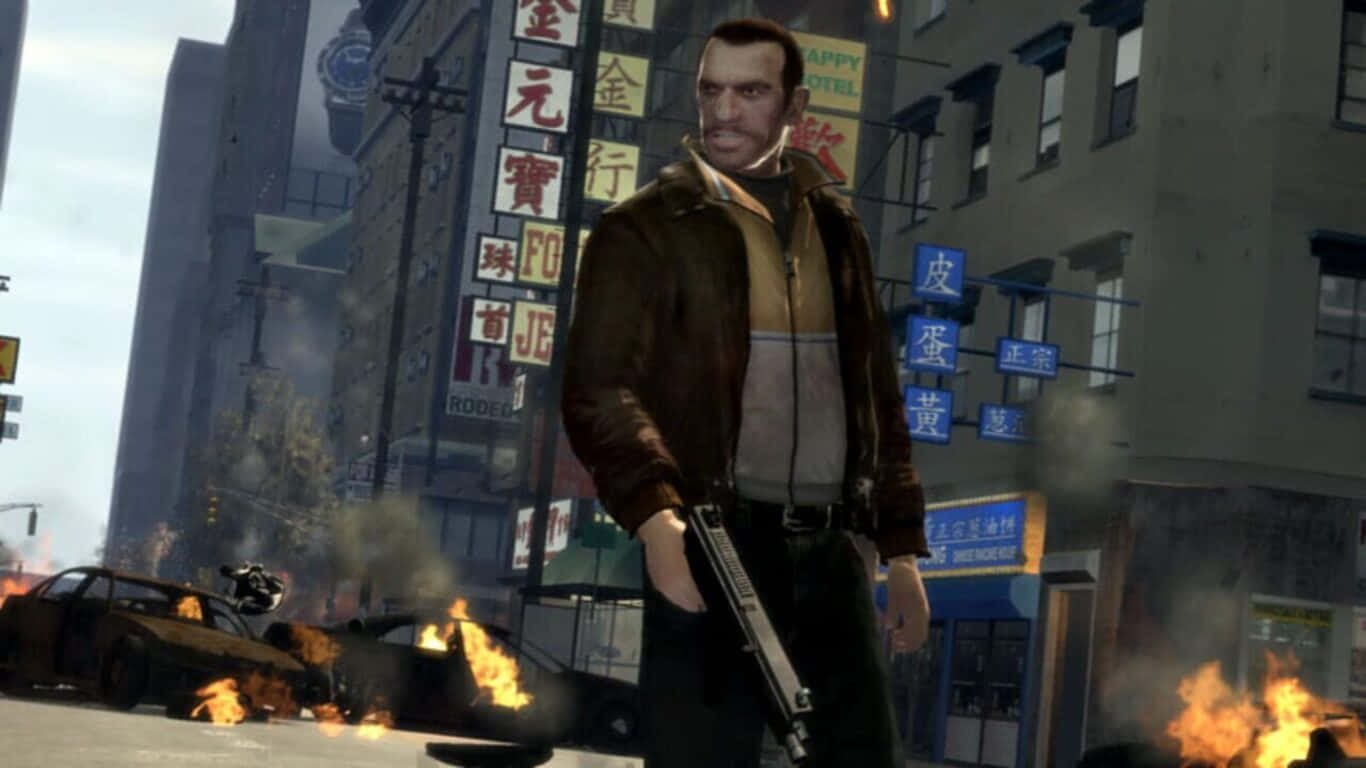 A Man Is Standing In A City With A Gun