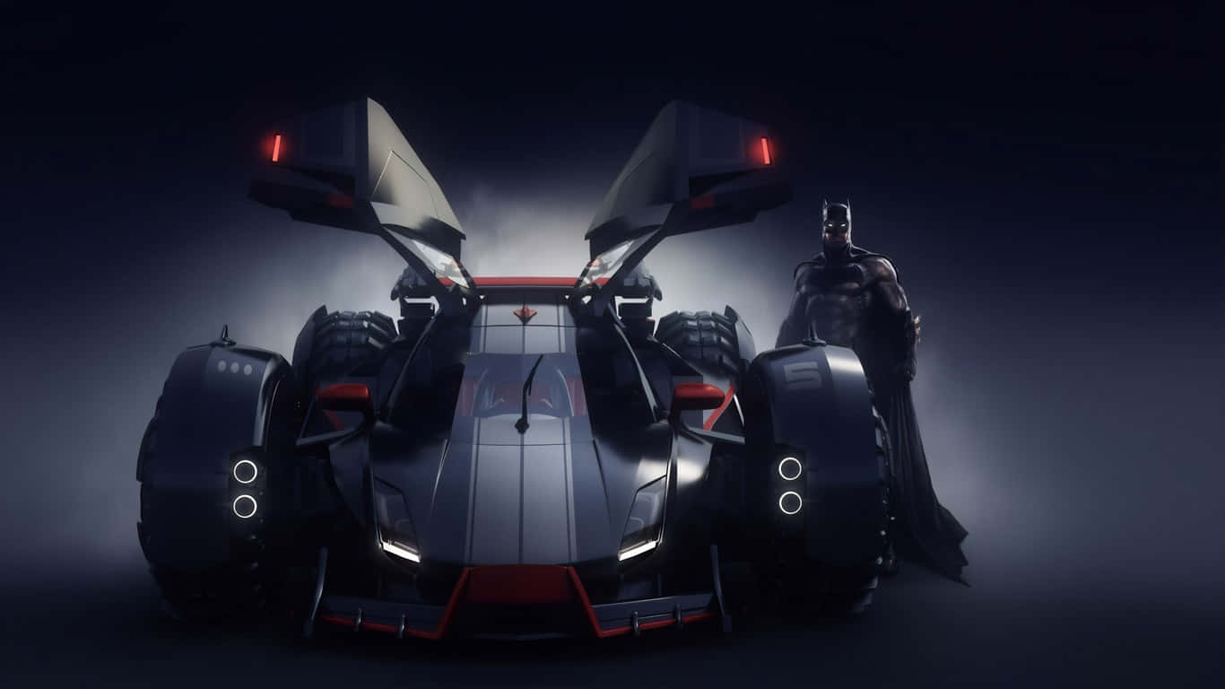 Batman oven på hans ikoniske Batmobile i nattehimlen.
