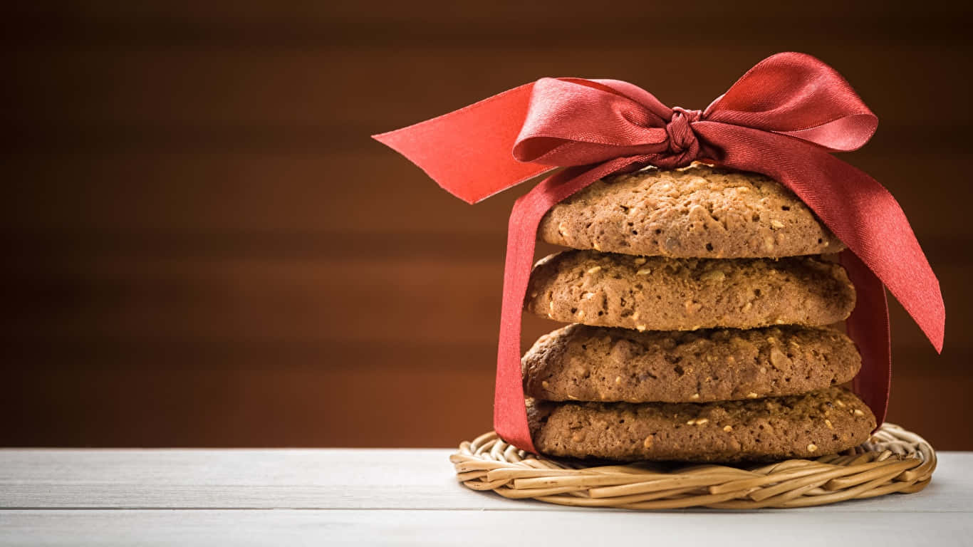 A Stack Of Cookies With A Red Ribbon