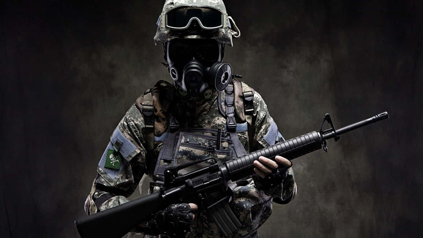 A Soldier In A Gas Mask Holding A Rifle