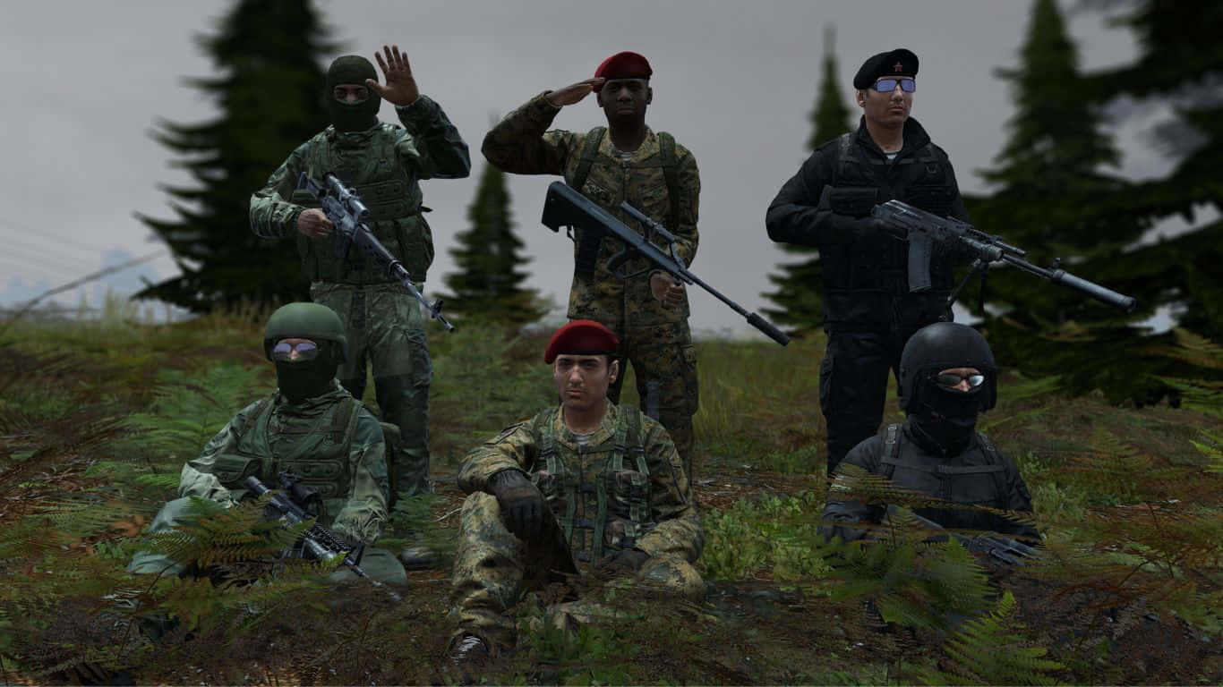 Einegruppe Soldaten In Uniform Steht Im Wald.