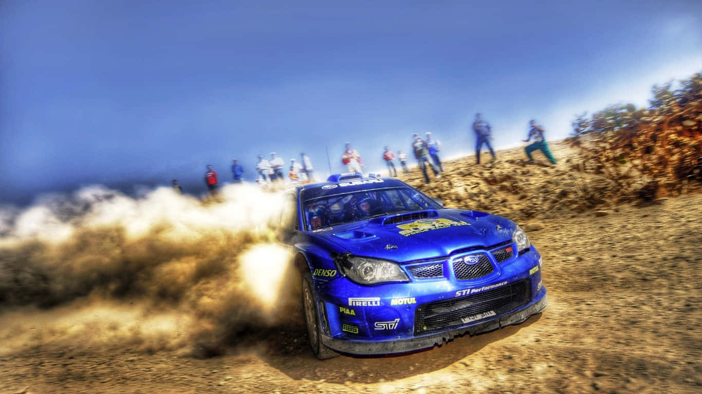 Enblå Rallybil Som Kör Genom Sanden