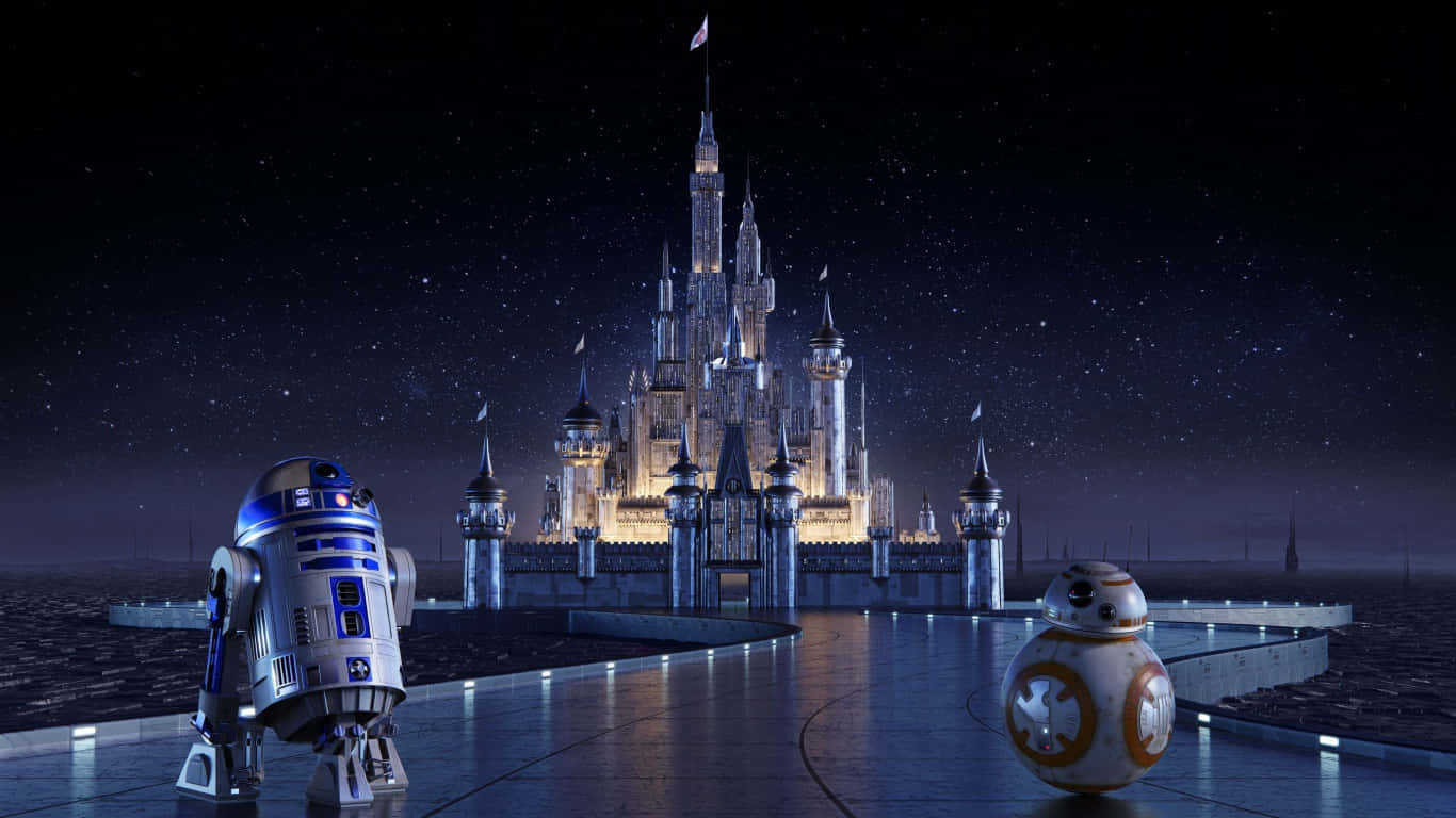 R2-D2 And BB-8 With Castle 1366x768 Disney Background