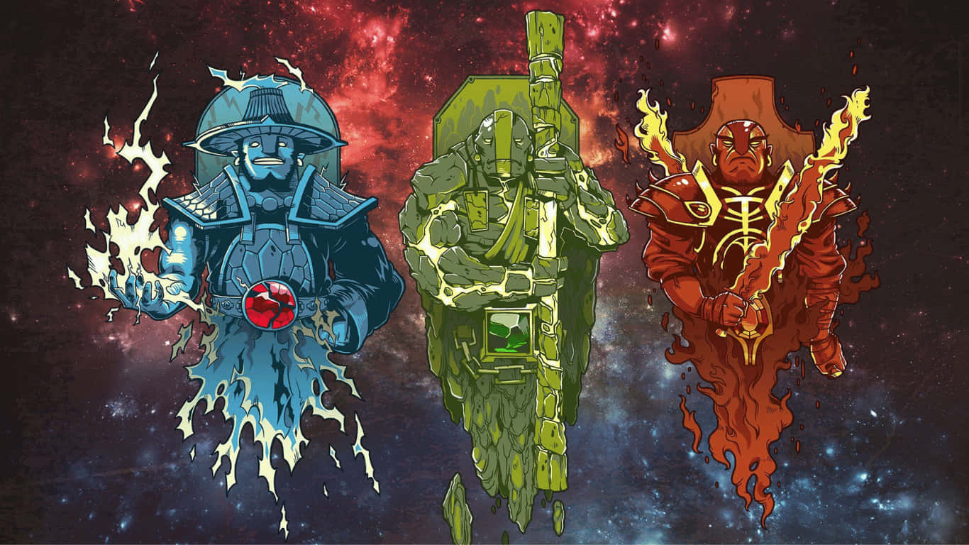 three different characters in space with a background