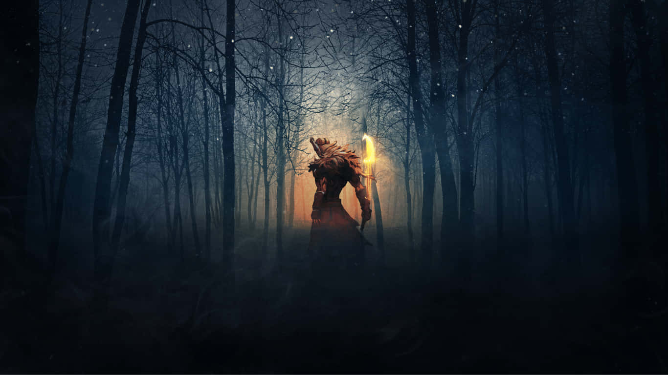 a woman in a forest with a torch
