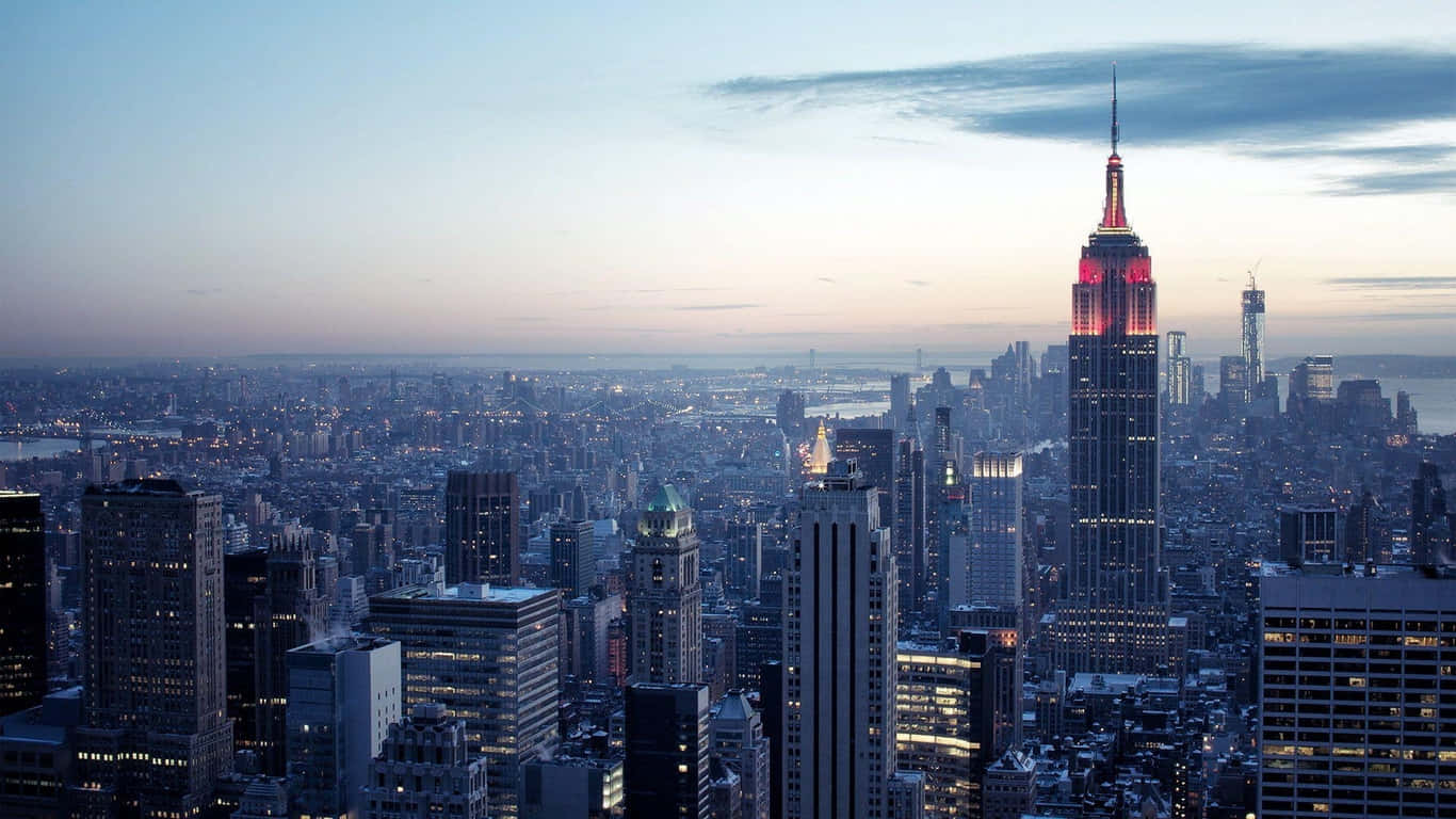 Enikonisk Vy Över New York Citys Skyline Från Empire State Building På Natten.